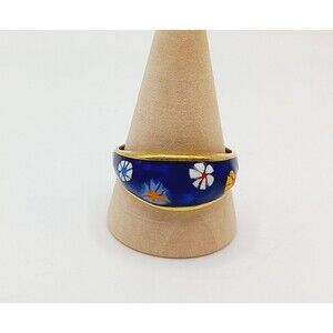 18K Yellow Gold Cobalt Blue Enamel Floral Dome Ring, Signed AAJ, 4g, Size 10.5